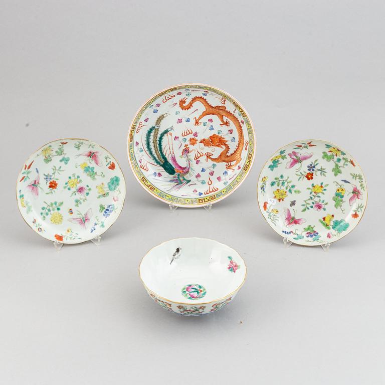 A Chinese famille rose porcelain bowl a dragon and peacock dish and a pair of famille rose dishes, 20th century.