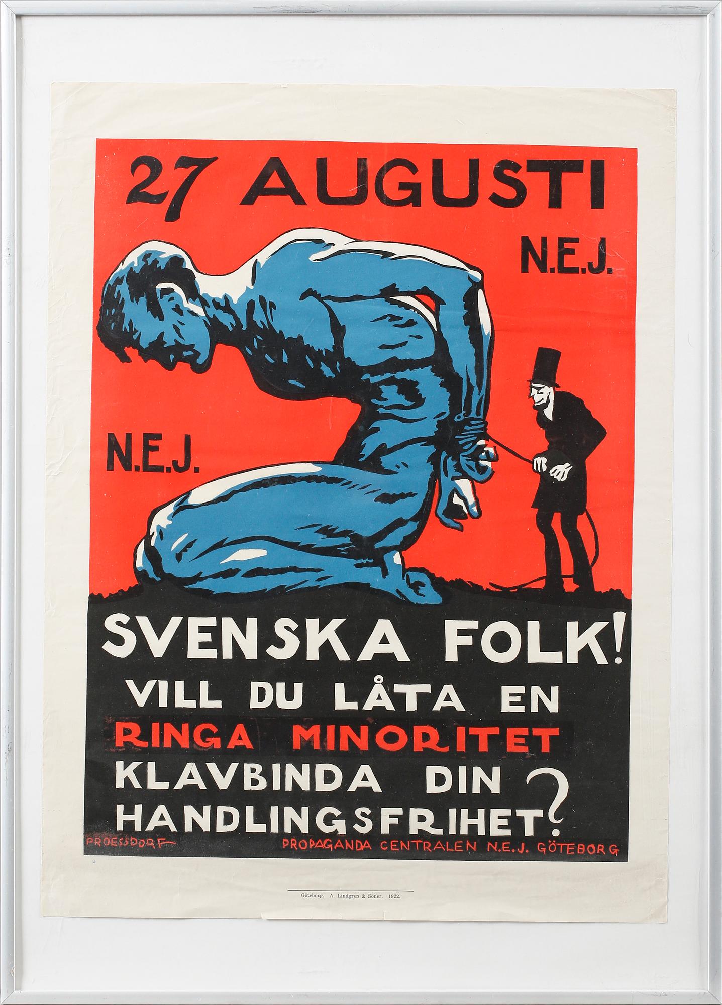 Seven posters from Propaganda centralen N.E.J, Gothenburg, printed at A Lindgren & Sons in 1922.