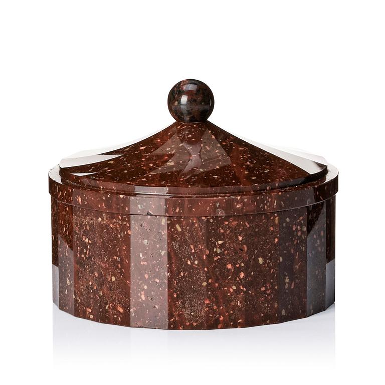 A Swedish Empire porphyry butter box with cover, 19th century.