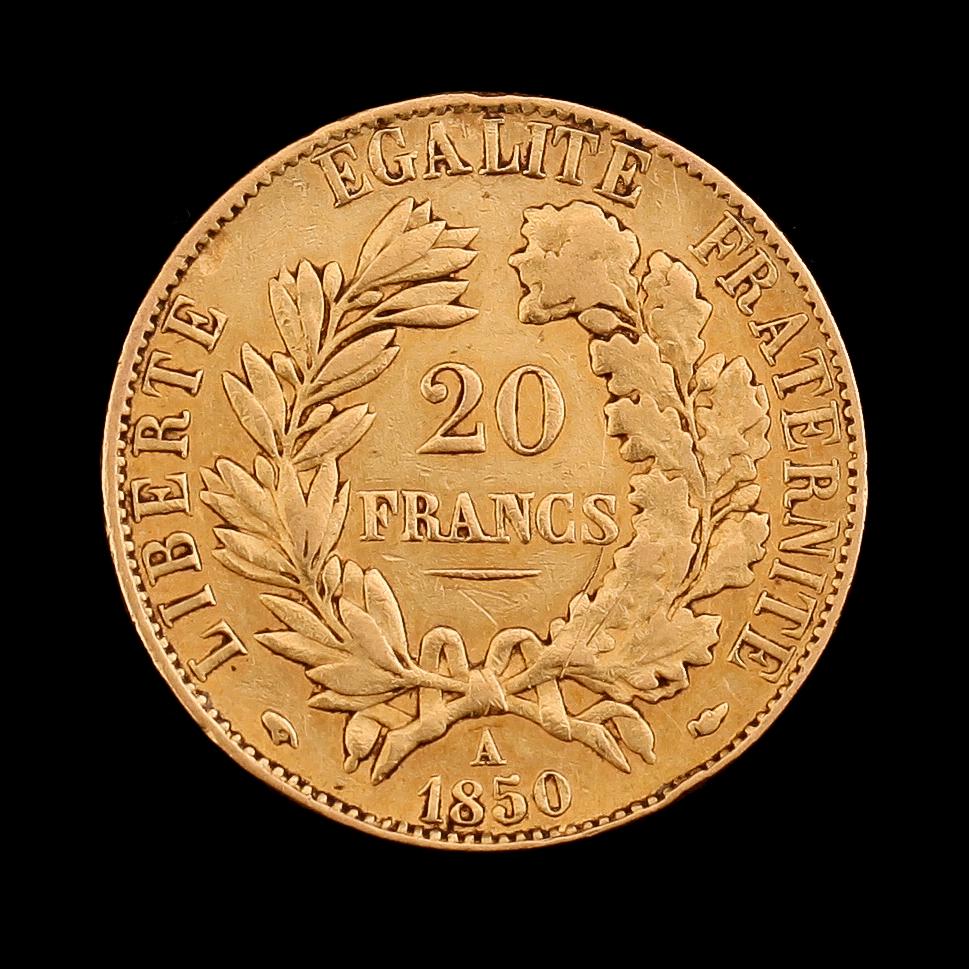 GULDMYNT, 20 franc, Frankrike 1850. Vikt ca 6 gram.
