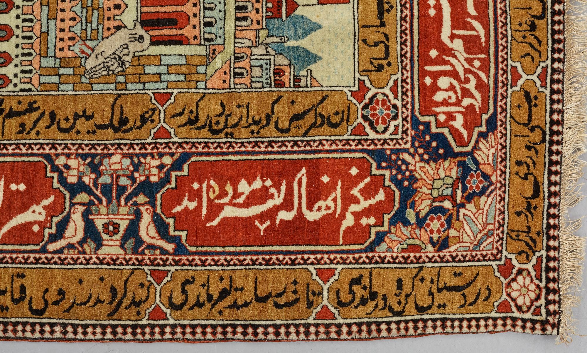 A RUG, a semi-antique Kashan figural, possibly Motachem, ca 202 x 140 cm.