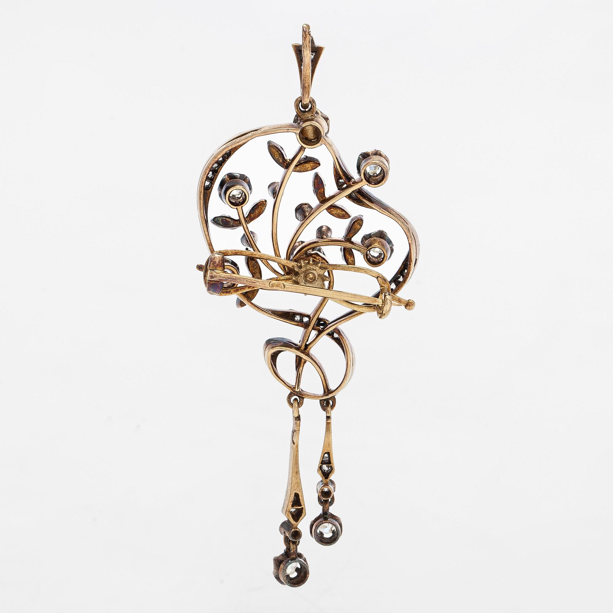 Brosch/hänge, silver och guld med gammalslipade och rosenslipade diamanter.