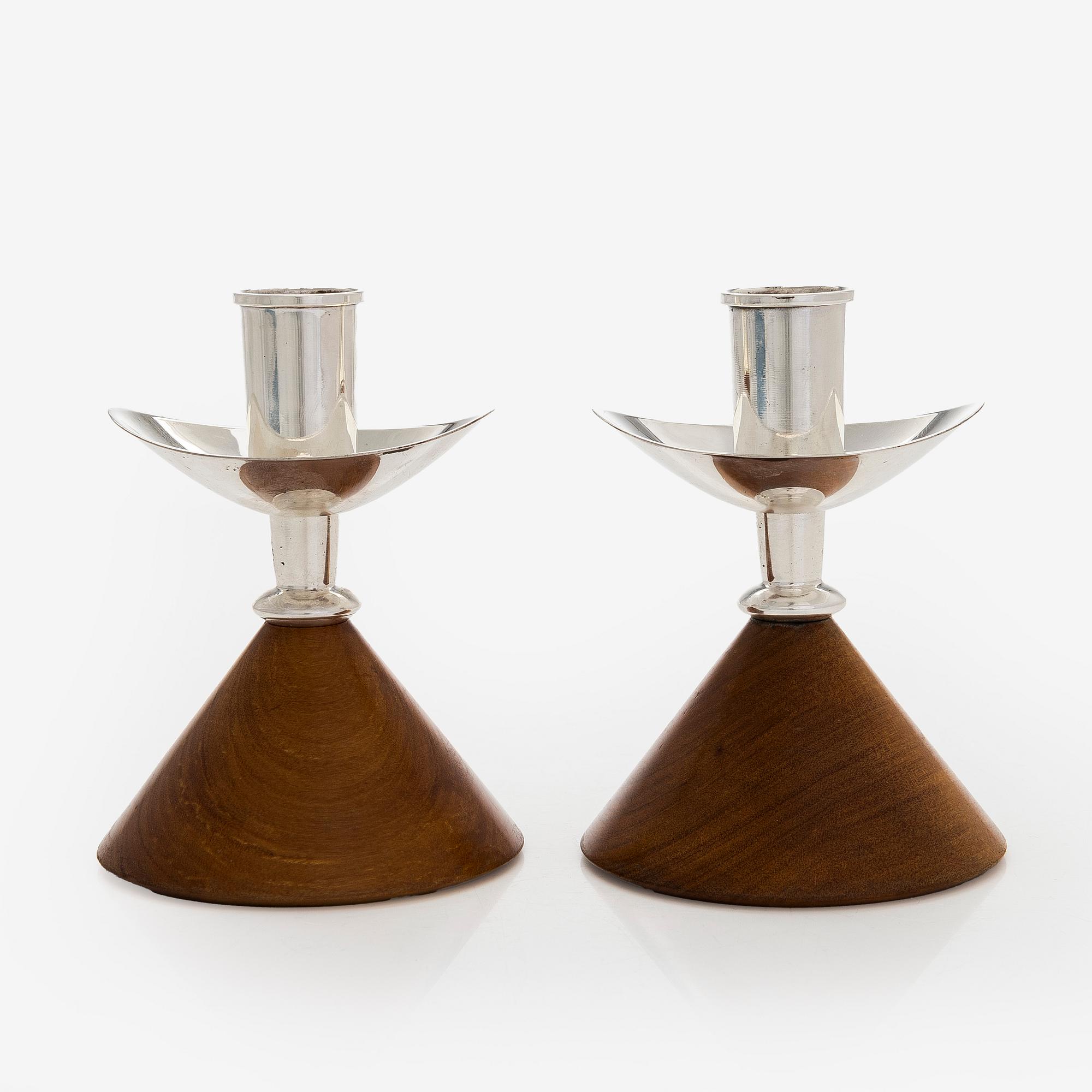 Anna-Greta Eker, a pair of silver and mahogny candlesticks, Auran Kultaseppä, Turku 1965.