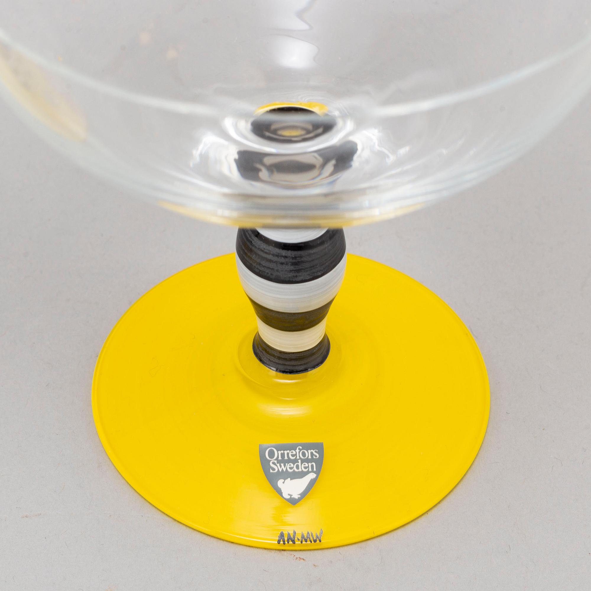 ANNE NILSSON, champagnekupor, 6 st, glas, "Polka", Orrefors, 1900-talets andra hälft.