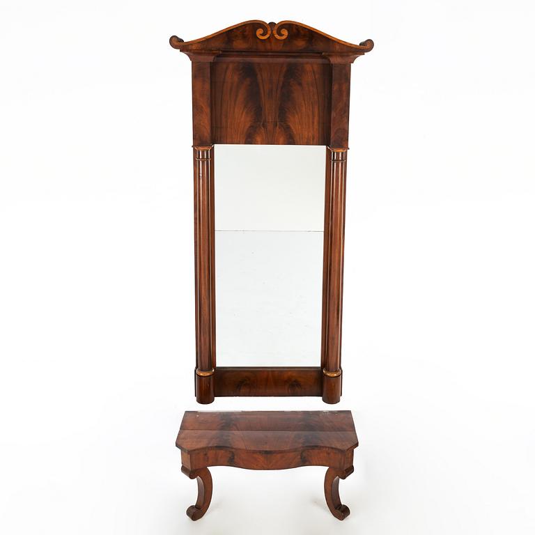 A 19th Century mahogany mirror with a console table.