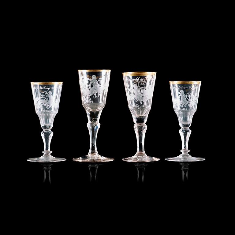 Four Silesian cut and engraved wineglasses, 1750/60's.