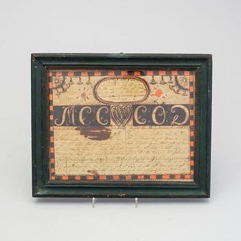A pair of 19th century folk art brides mittens and a congratulation picture.