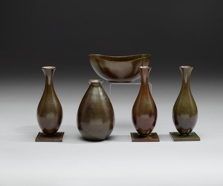 A set of four bronze vases and a bowl, by Jacob Ängman or Just Andersen.