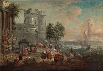 Dutch Shool, 17/18Th Century. A ruin landscape with figures by a coast, a pair.