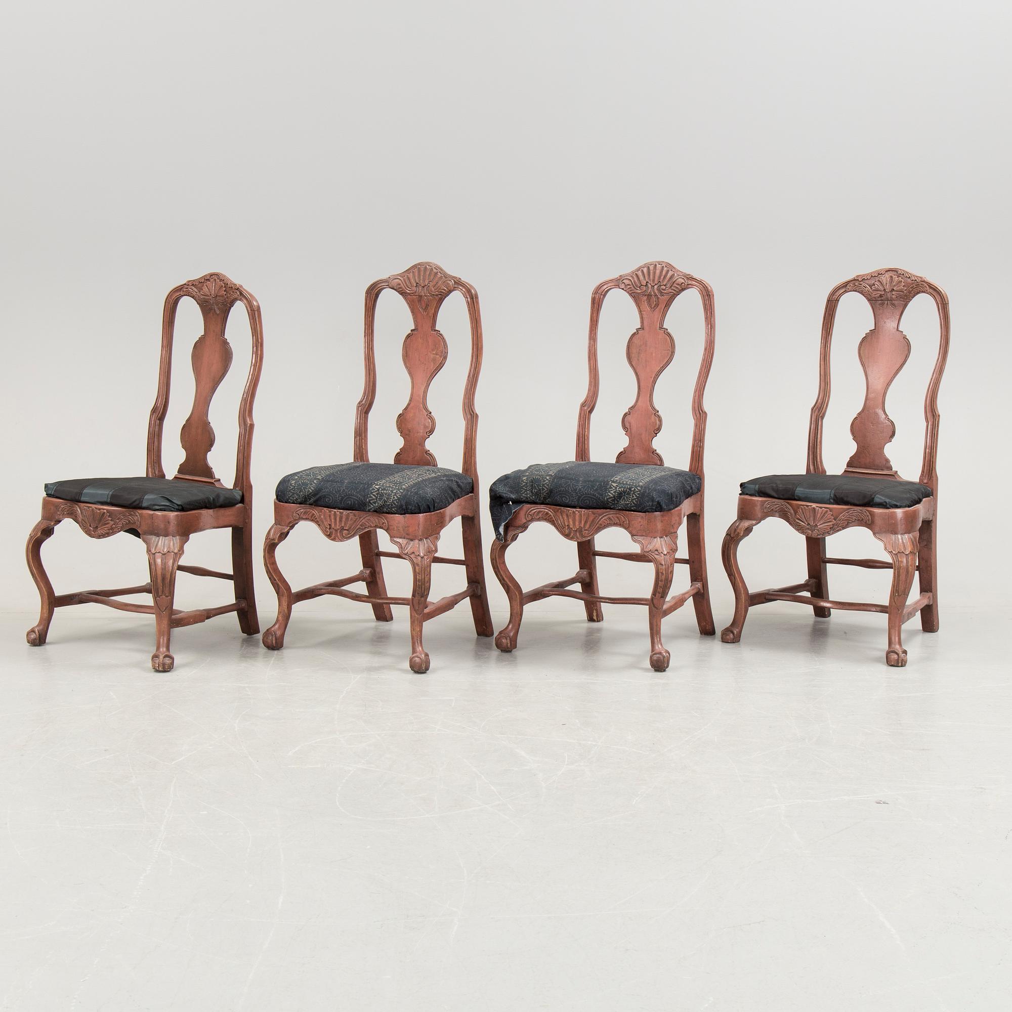 A set of four rokoko chairs, 18th century.
