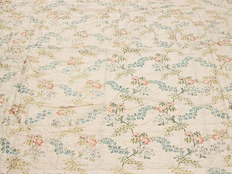 A SILK BED COVER, quilted, ca 192-193 x 164-170 cm, probably Sweden 18th century.