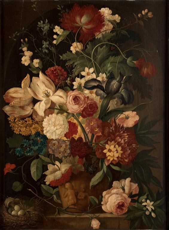 Still life with tulips, roses and butterflies.