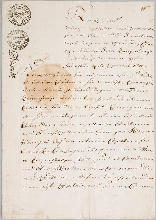 A letter from the swedish king Karl XII, signed Carolus and dated 1718.