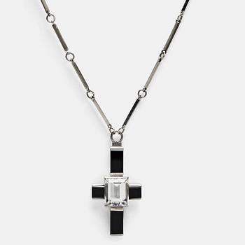 159. Wiwen Nilsson, a crucifix pendant and chain, sterling silver with facet cut rock crystal and onyx, Lund, Sweden 1935.