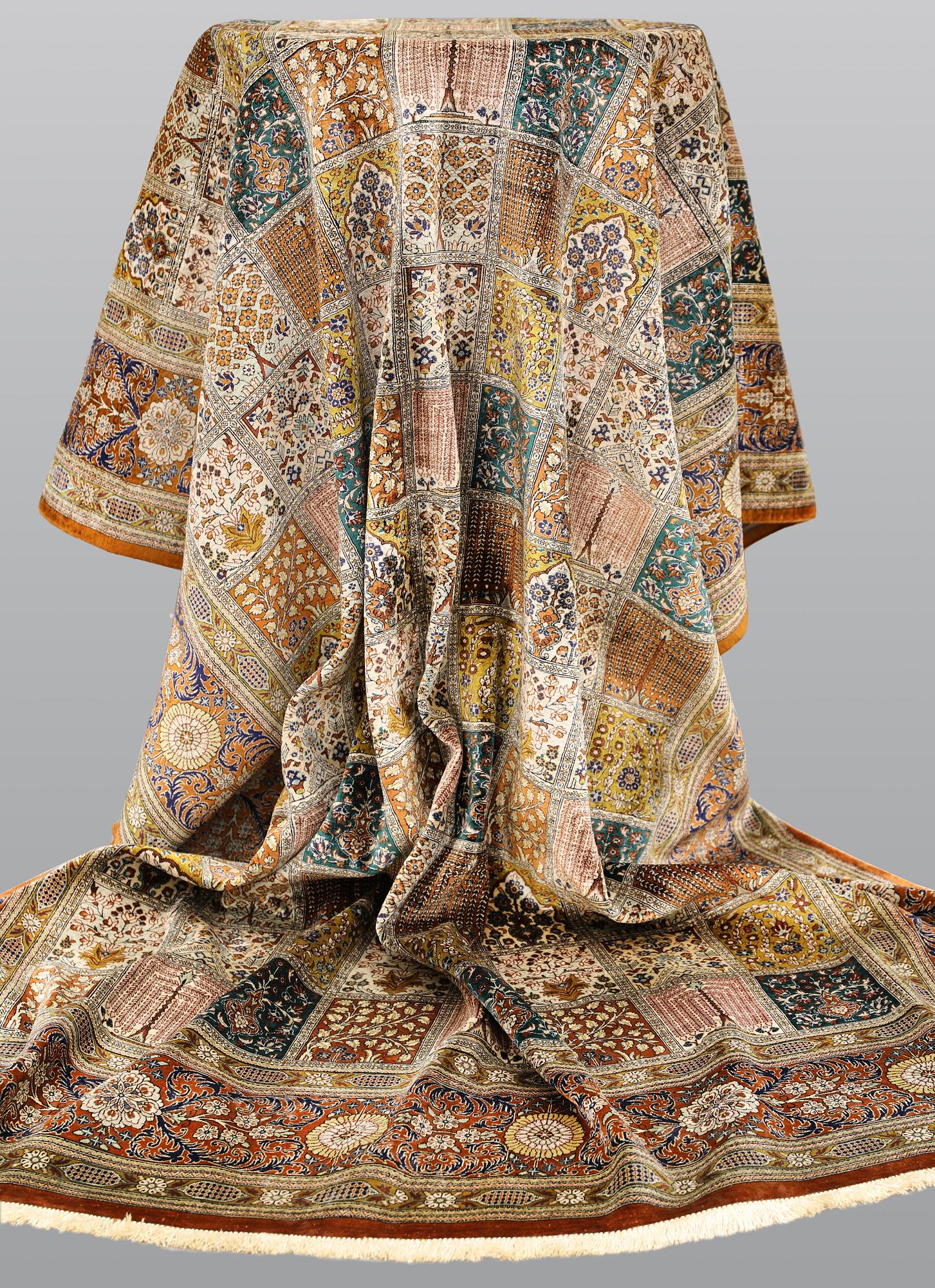 A silk Ghom carpet, 296 x 194 cm.