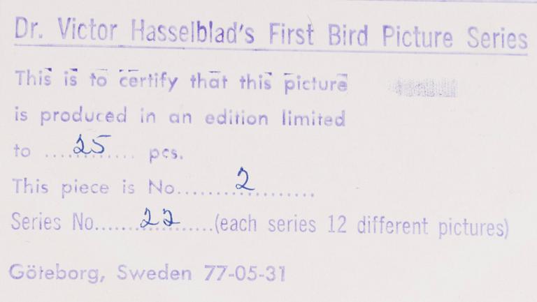 VICTOR HASSELBLAD, fotografier, 12 st, signerade, daterade och numrerade, ur serien nr 22.