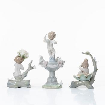Lladró, figuriner, 3 st, "Fountain of love", "Born in springtime" samt "Somewhere in the garden", Spanien.