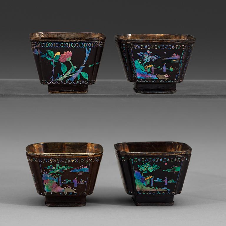 A set of four 'lac-burgauté cups, Qing dynasty, 18th Century.