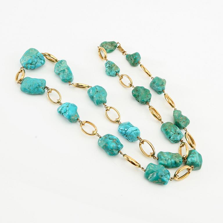 Necklace 18K gold with turquoises.