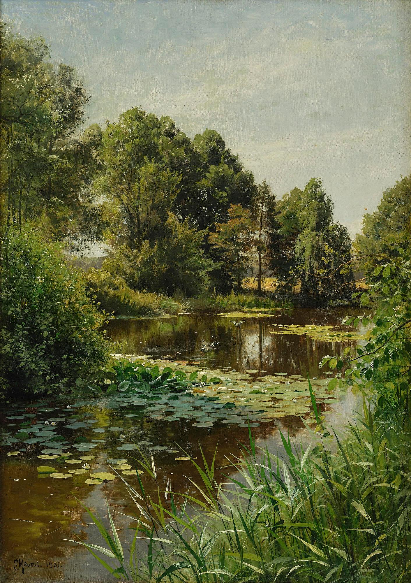 Peder Mork Mönsted, Summer landscape with water lilies on a still waterway.