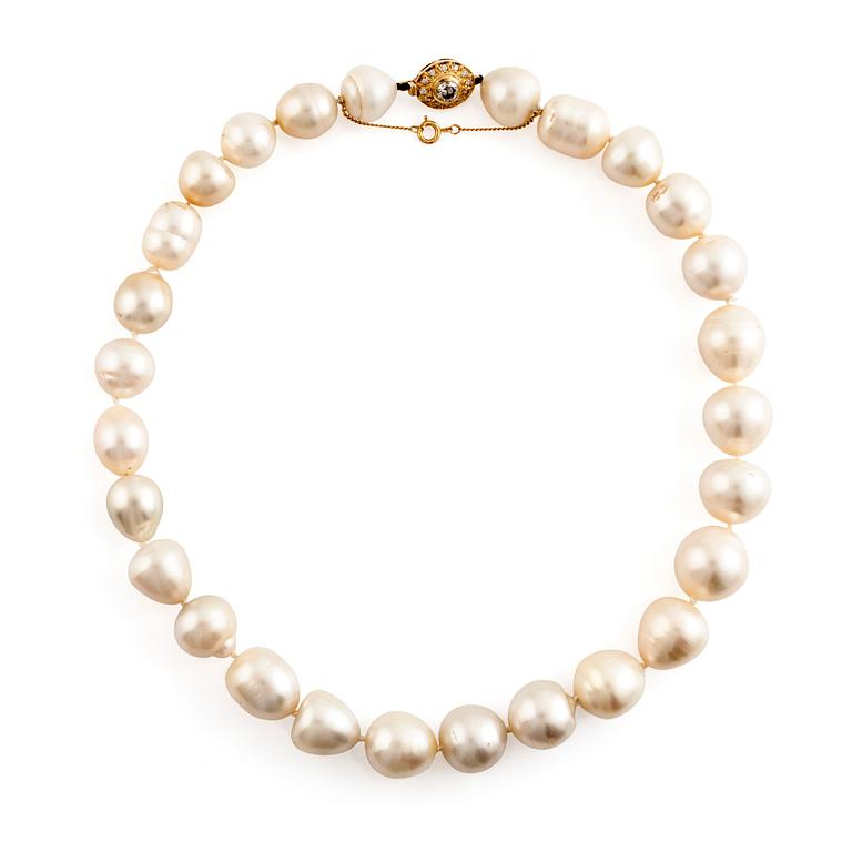 Collier, med odlade Söderhavspärlor, lås 18K guld med briljantslipade diamanter.