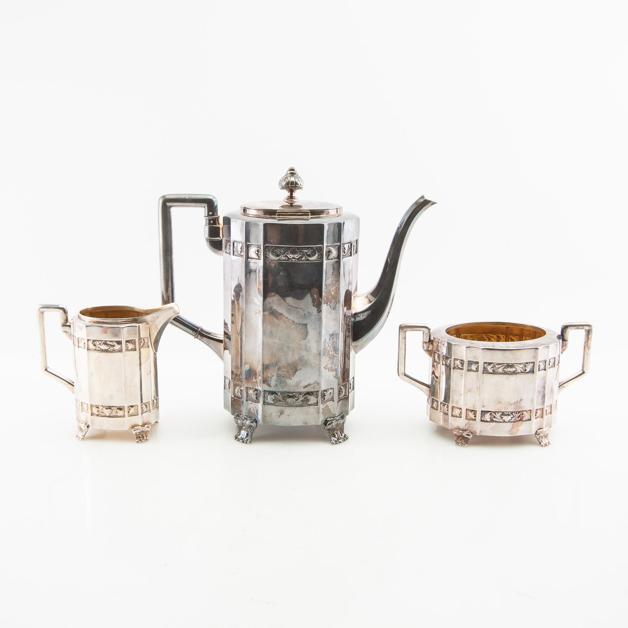 Coffee service 3 dlr CG Hallberg silver plate early 20th century.