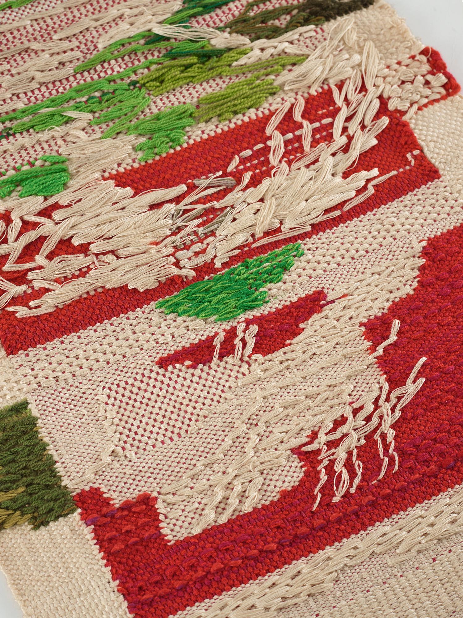 Kaisa Melanton, vävnad, slätväv, detalj ur bildvävnaden "Ibland har jag svårt att hålla mig ren", ca 81,5 x 47-49,5 cm, signerad HAV KM.