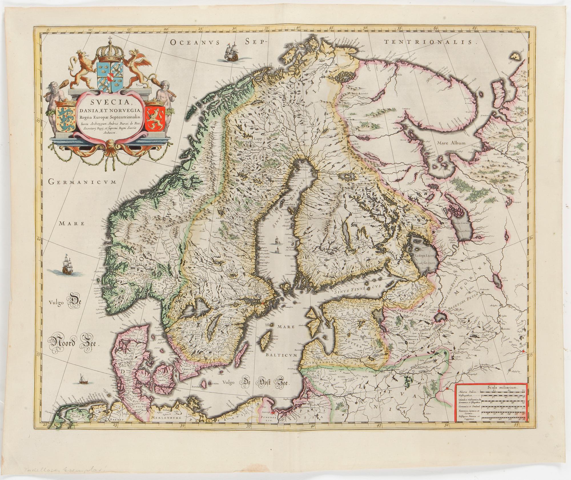 A hand coloured copper plate map by Anders Bure, 17th Century.