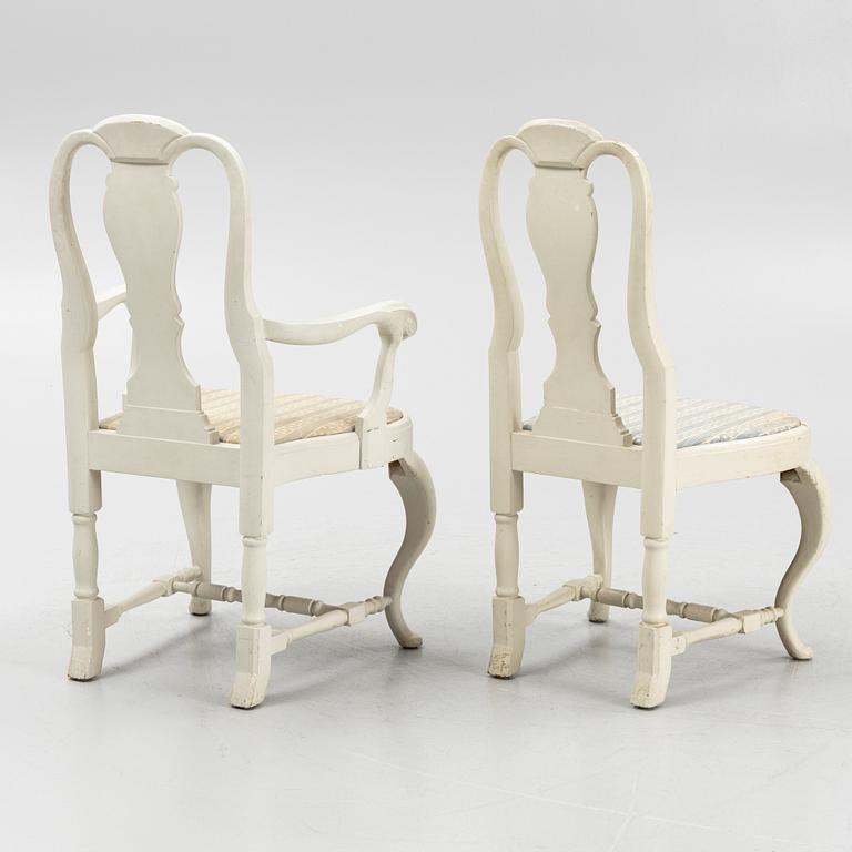 Armchairs, a pair, and chairs, 8 pieces, Rococo style, early 20th century.