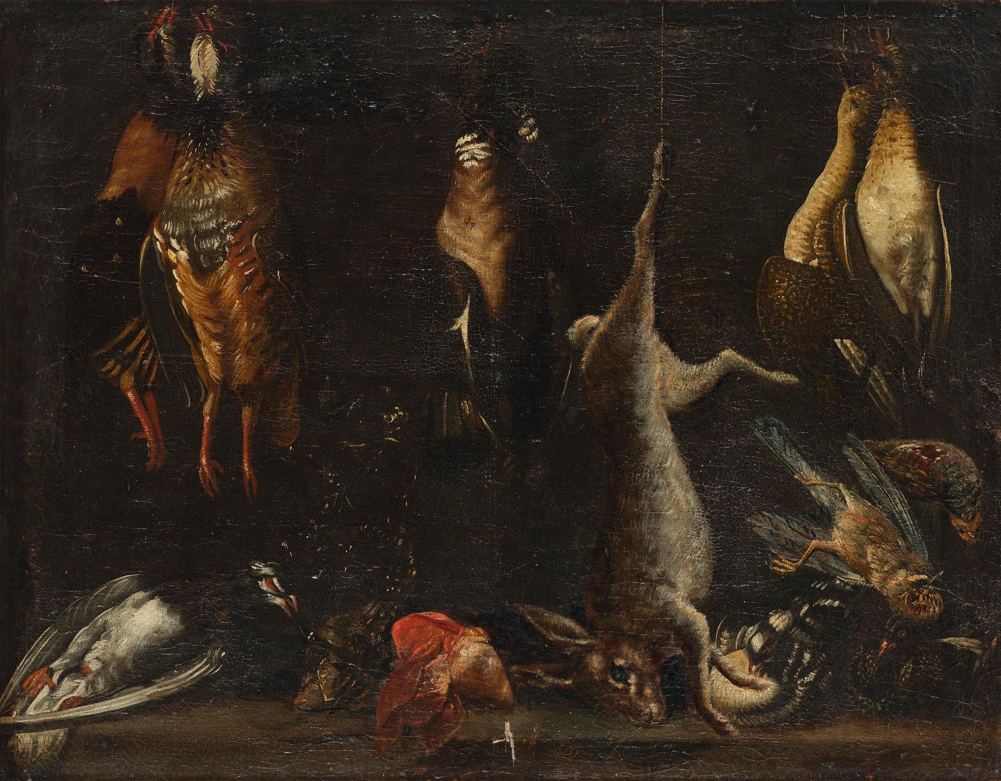 Jacopo da Empoli, hans efterföljd, Skafferi med fåglar, hare och fisk.