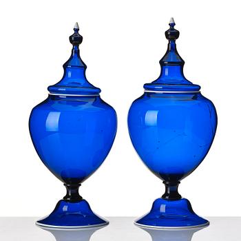 A pair of Swedish blue glass jars with covers, Gothenburg, 18th Century.