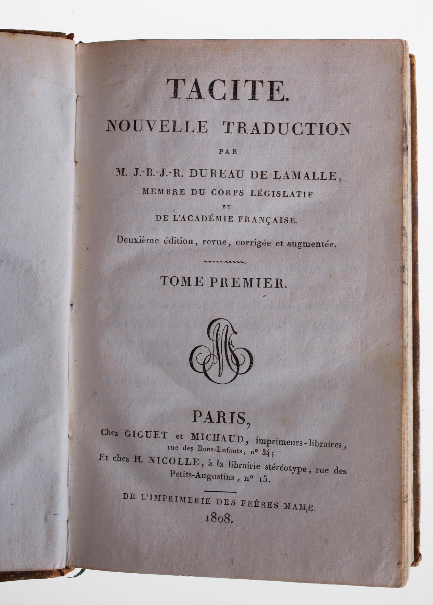 BOK, 5 volymer, "Annales de C. Corn. Tacite, Nouvelle traduction", de l'Iprimerie des Frères Mame, Paris 1808.