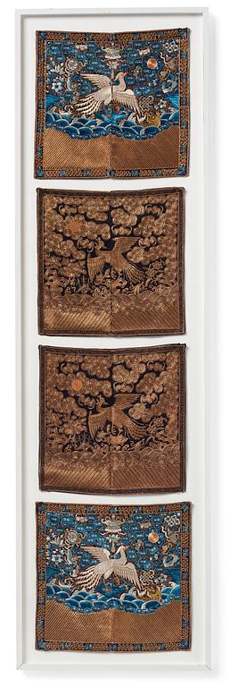 A group of four framed rank badges, Qing dynasty, 19th Century.