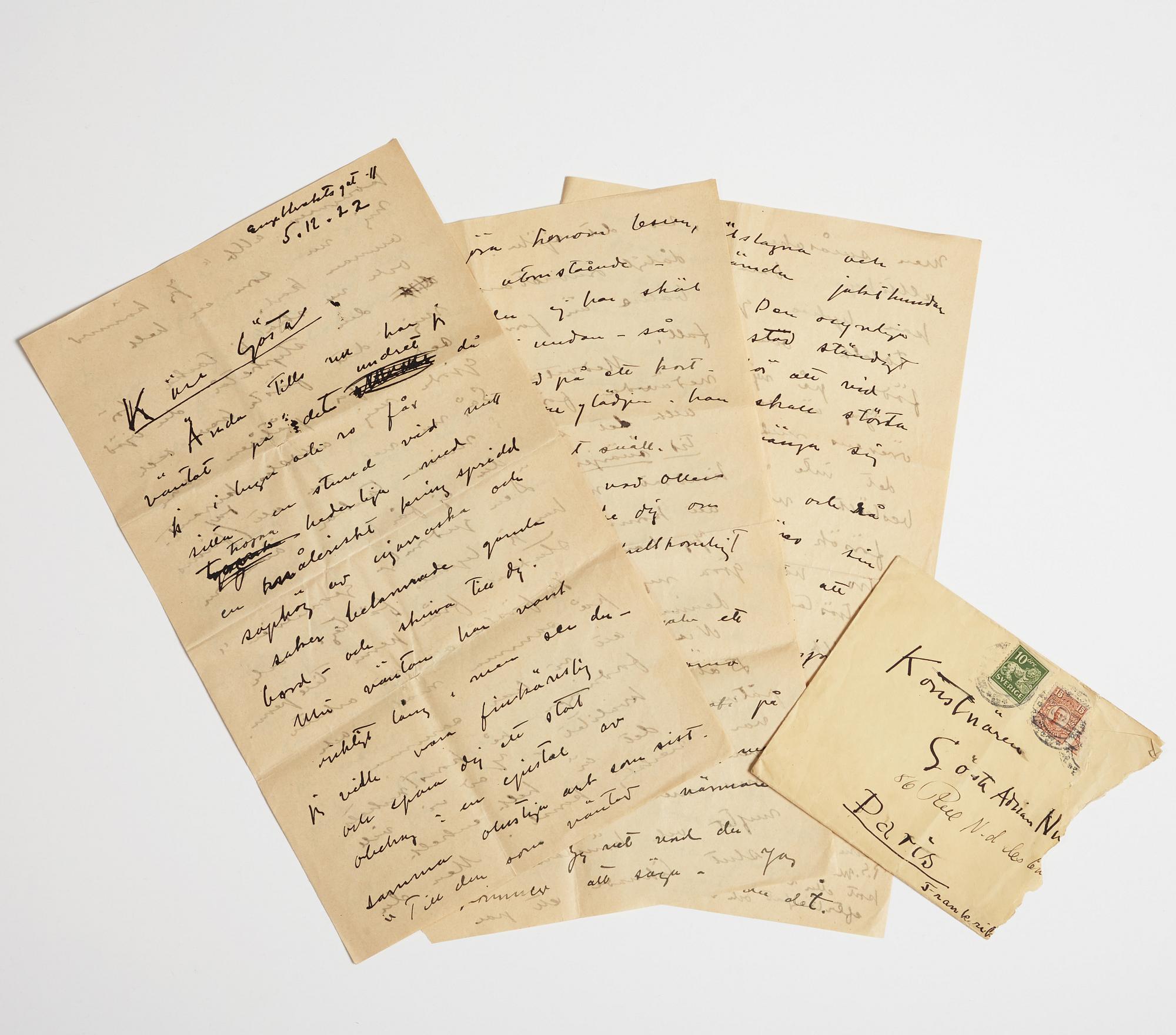 LETTER, from Carl Kylberg in Gothenburg to GAN (Gösta Adrian-Nilsson) in Paris, dated 5.12.(19)22. Envelope enclosed.