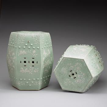 A pair of slip decorated celadon garden seats, Qing dynasty 19th century.