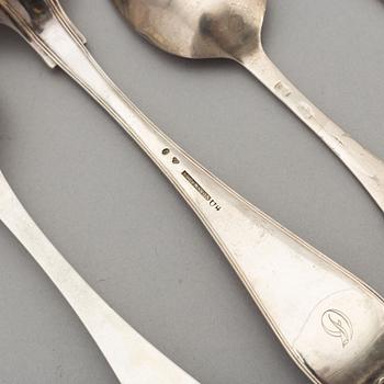 A set of eight silver spoons and a serving spoon, incl with the mark of PM Wallengren 1845.