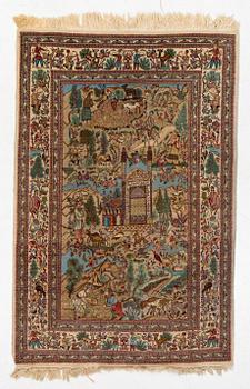 An oriental, figural rug, signed, c. 220 x 145 cm.