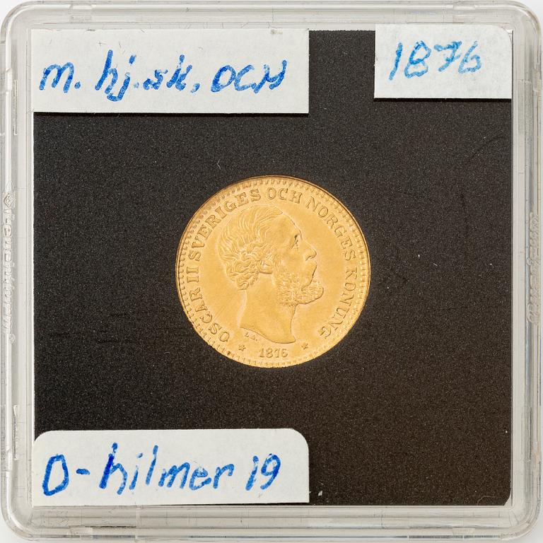 Guldmynt, Oscar II, 10 kronor, typ II,  Sverige 1876.