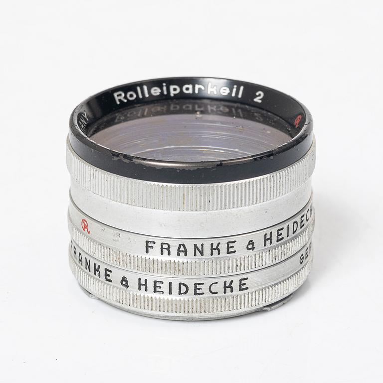 Mellanformatskamera, Rolleiflex, med väska och tillbehör, Franke & Heidecke, 1900-talets mitt, Tyskland.