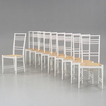 A set of 10 Erik Chambert 'Poem' white lacquered and rattan chairs, Chambert's, Sweden 1950's.