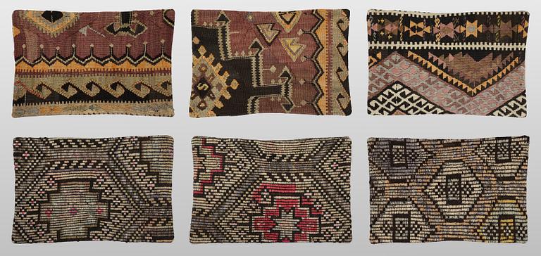 Cushion covers, 6 pcs, Anatolian Kelim fragments.