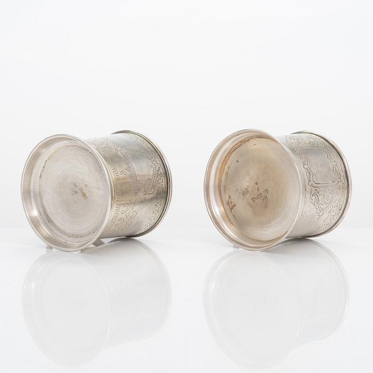 Two 19th-century silver tea glass holders, Moscow 1879 and 1894.