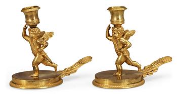 1278. A pair of Russian ca 1815 gilt bronze candlesticks.