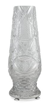 250. A VASE, chrystal, silver. The silver base is marked Morozov, St. Petersburg turn of century 18/1900. Height 36 cm.