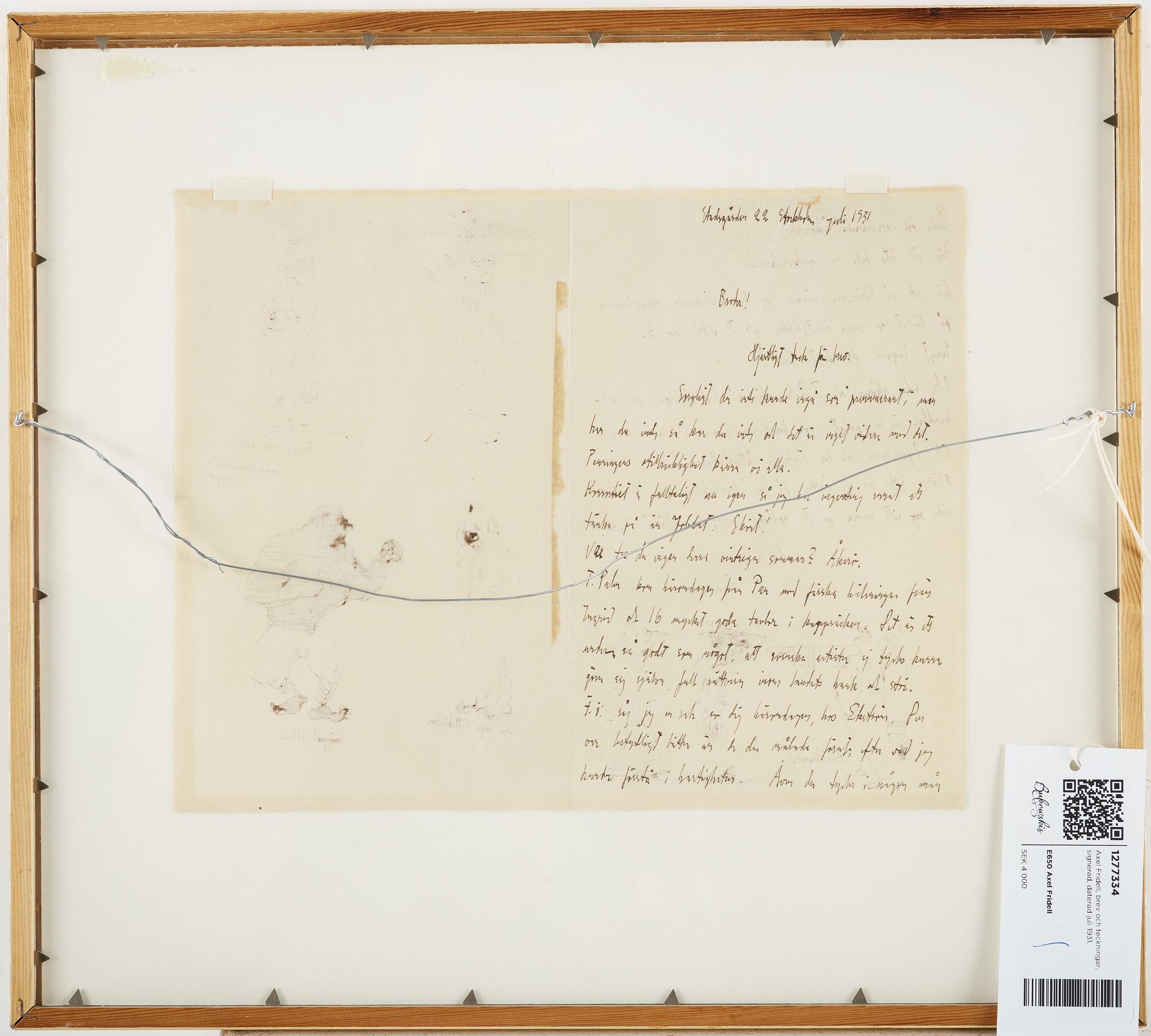Axel Fridell, letter and drawings, signed, juli 1931.