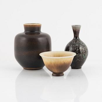 Berndt Friberg, two stoneware vases and a bowl, Gustavsberg Studio, Sweden, 1966, 1977 and 1978.