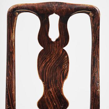 A pair of late baroque faux bois-painted chairs, attributed to M. Meling, 1730/40's.