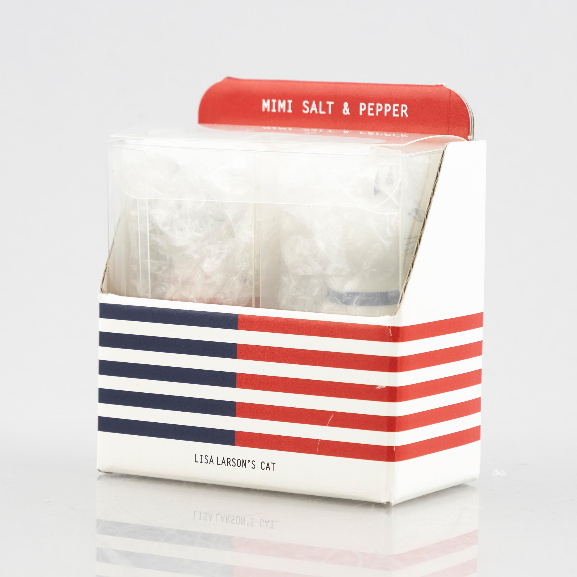 Lisa Larson, ljusstakar, 6 st, ljuslykta samt salt- och pepparströare, stengods och majolika, bl.a. Höganäs.