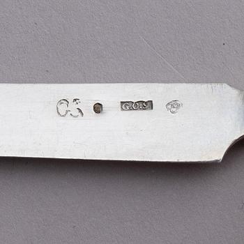 A Swedish parcel-gilt silver and filigree four-piece travel cutlery set, marks of Gustaf Otto Sjöberg, Falun 1813.