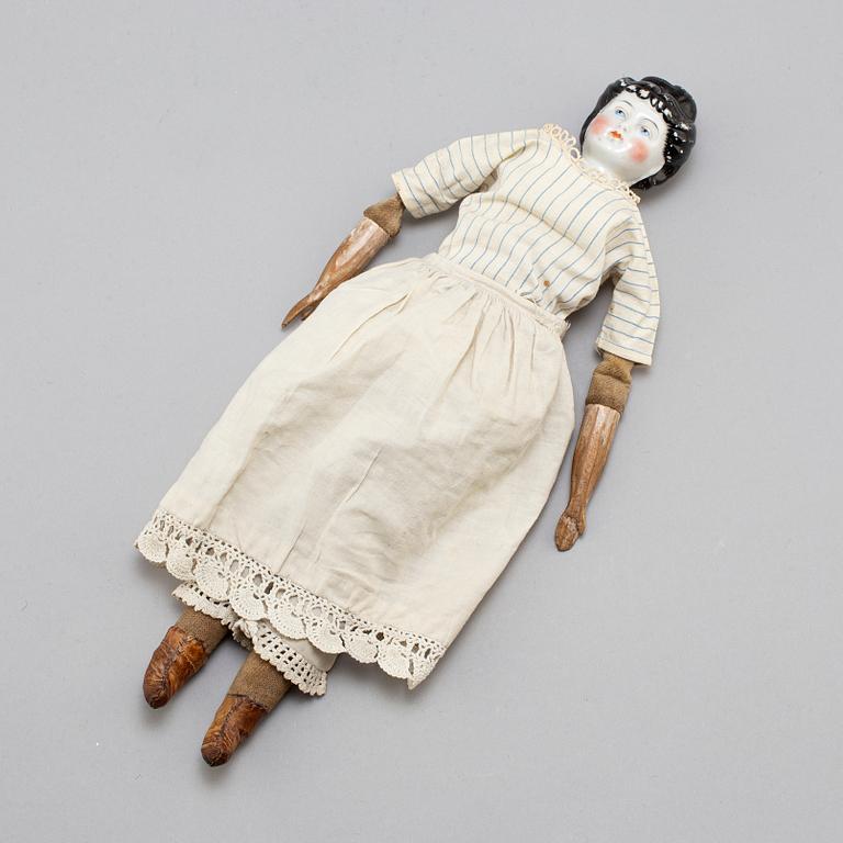 A china head doll and a 3 psc of doll furniture.
